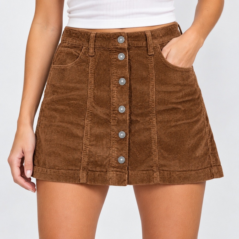 American Eagle Brown Corduroy Button Front Mini Skirt Womens 8 Pocketed Stretch